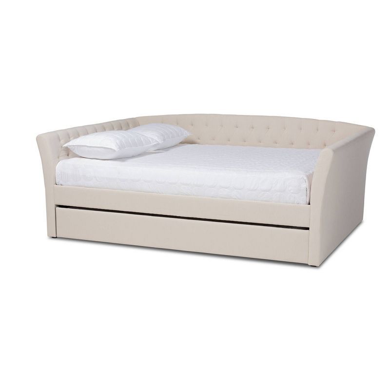 Beige Upholstered Full Daybed with Trundle and Tufted Design