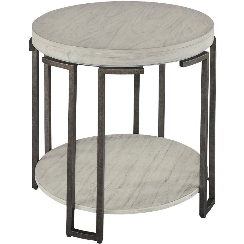 Transitional Beige & Black Round Wood & Metal End Table with Storage