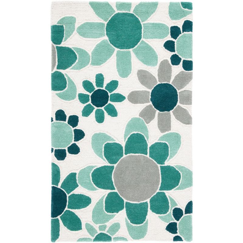 Ivory and Green Floral Hand-Tufted Wool Kids Rug, 3' x 5'