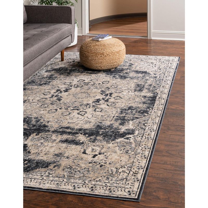 Navy Blue and Beige Distressed Synthetic 6' x 9' Area Rug