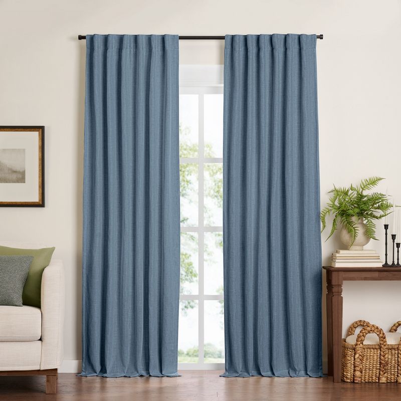 Extra Long Blue Linen-Blend Blackout Curtain Panel