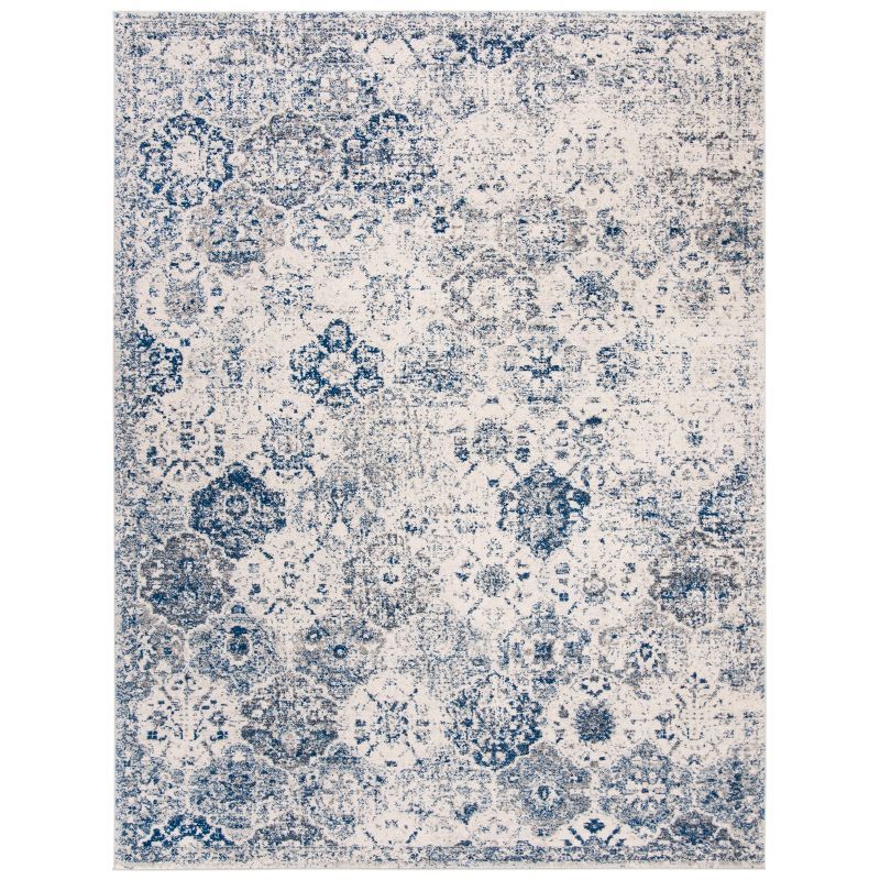 Blue and White Distressed Floral Medallion 8' x 10' Area Rug