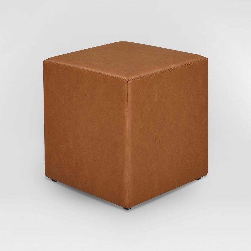 Carmel Faux Leather Cube Ottoman with Pocket Coil Cushion