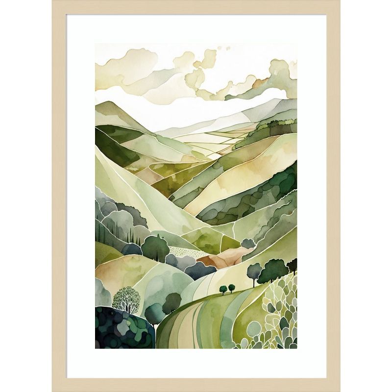 Hampshire Hills II Green Watercolor Landscape Wood Framed Art Print