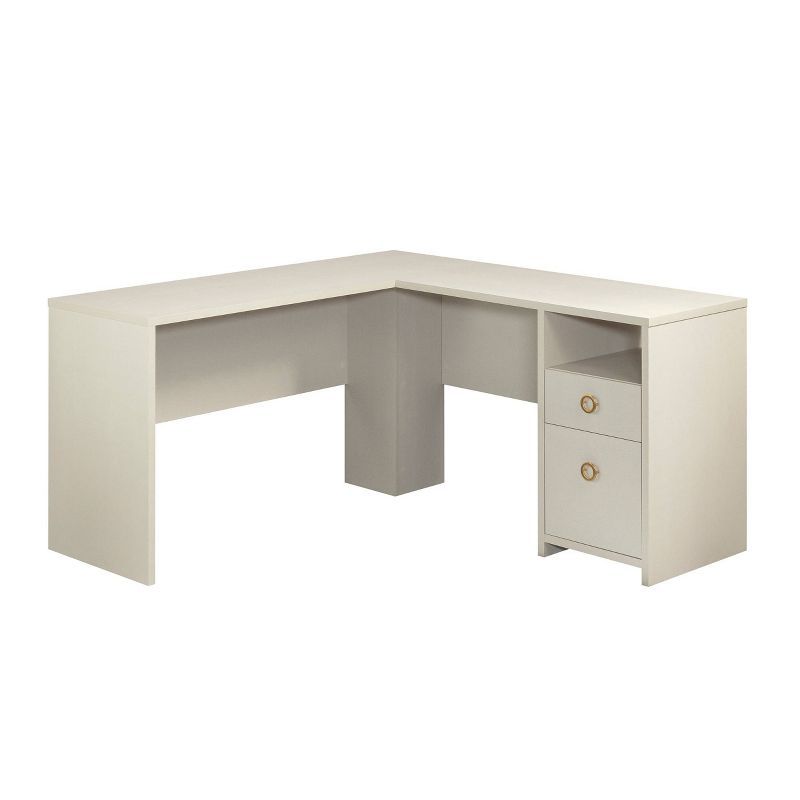 White Wood L-Shaped Corner Desk with Drawer and Filing Cabinet