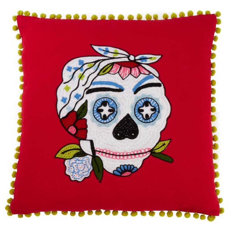 Red Cotton Embroidered Sugar Skull Pillow Cover with Pom Pom Edge