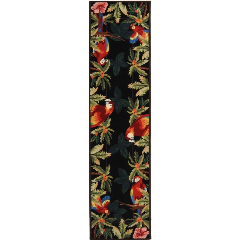 Handmade Black Wool Floral Runner Rug with Parrot Design