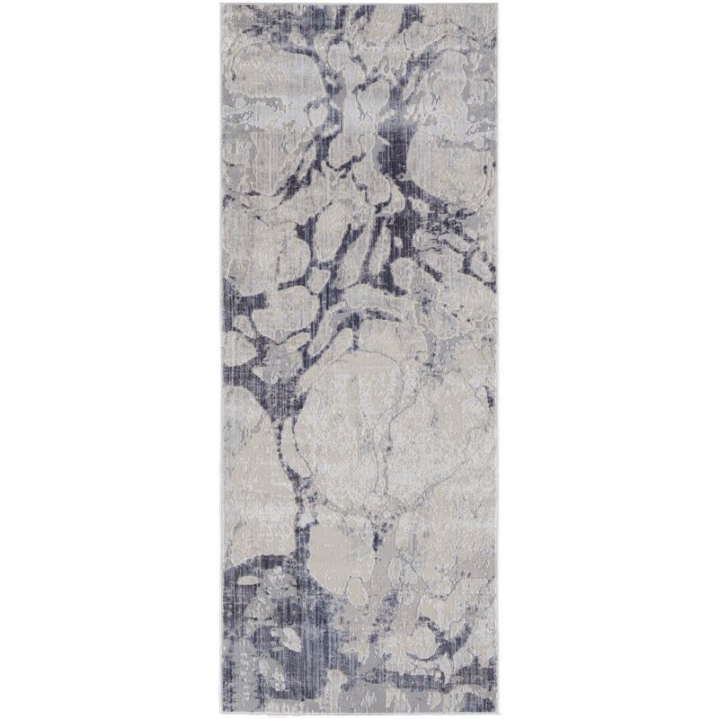 Ivory and Blue Abstract Synthetic Runner Rug