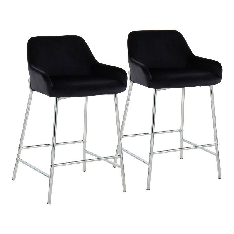 Black Velvet and Chrome Modern Counter Stools, Set of 2