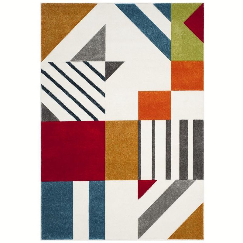 Ivory and Peacock Blue Geometric Mid-Century Modern Area Rug