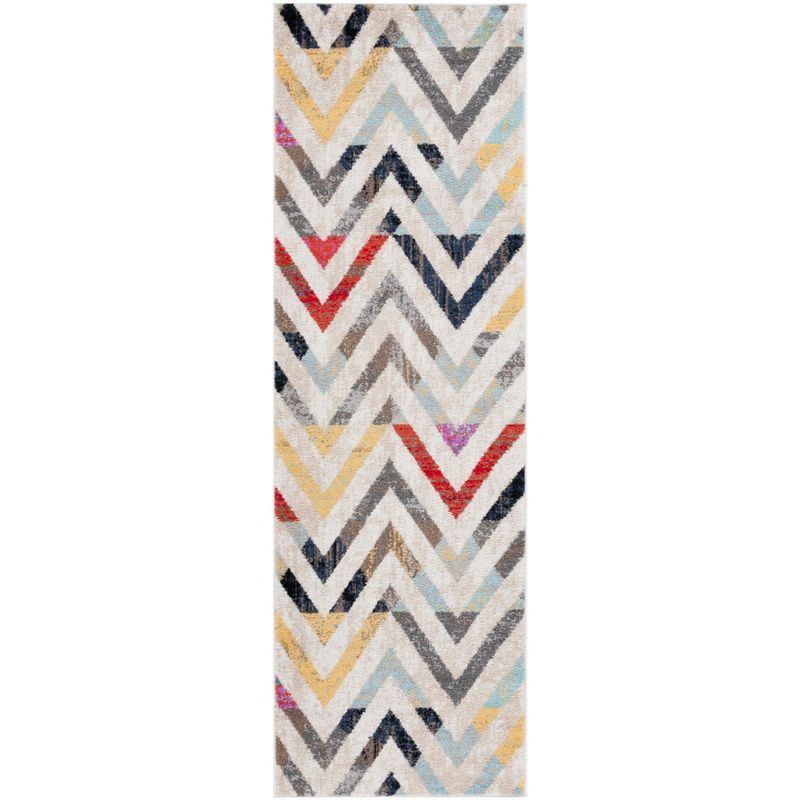 Ivory Chevron Pattern Synthetic Runner Rug