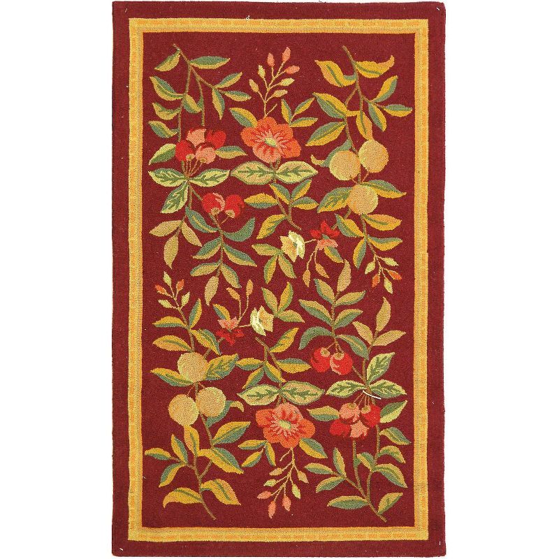 Burgundy Floral Hand-Hooked Wool Small Rug