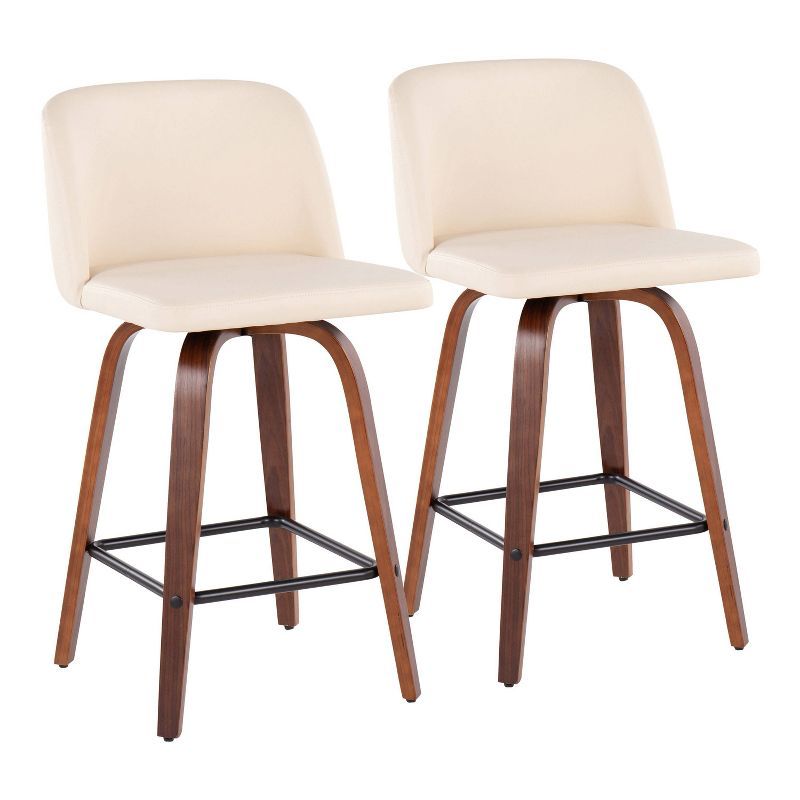 Set of 2 Walnut Wood and Beige Swivel Counter Stools