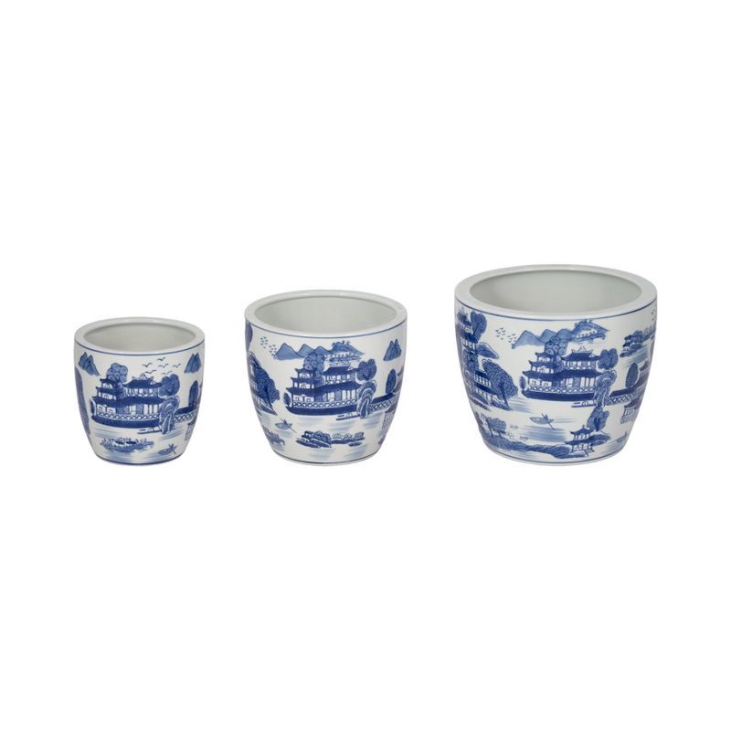 Set of 3 Blue and White Chinoiserie Ceramic Planters