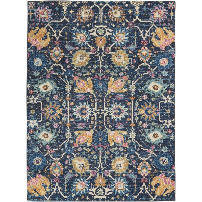 Navy Floral Whimsy 10' x 14' Synthetic Easy-Care Area Rug