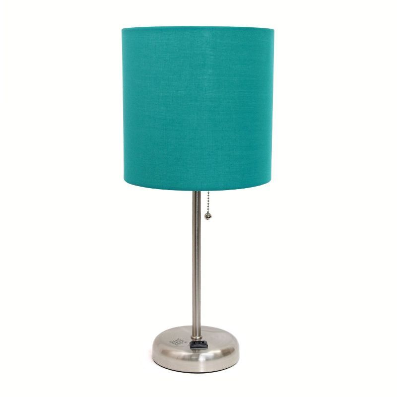 19.5" Brushed Steel and Teal Fabric Table Lamp with Power Outlet