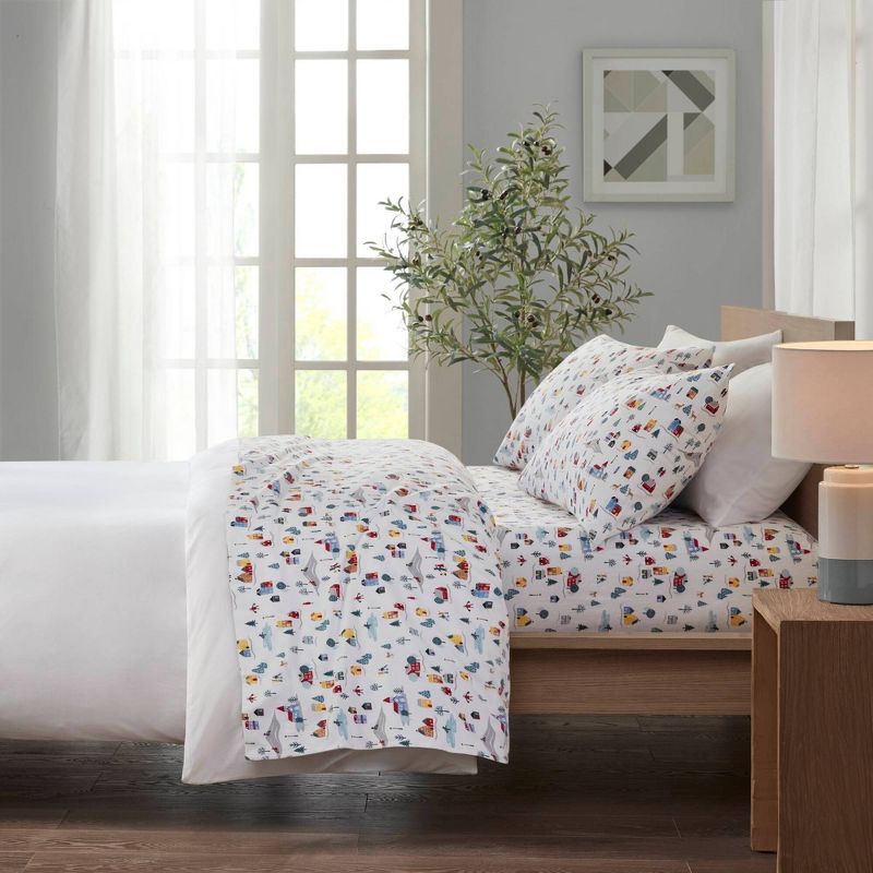 Twin XL White Village Print Cotton Flannel Sheet Set