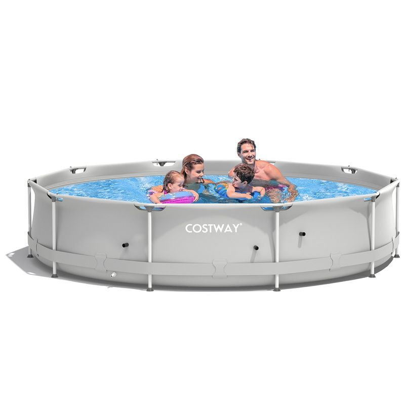 Gray Round Above Ground Swimming Pool with Iron Frame and Pool Cover