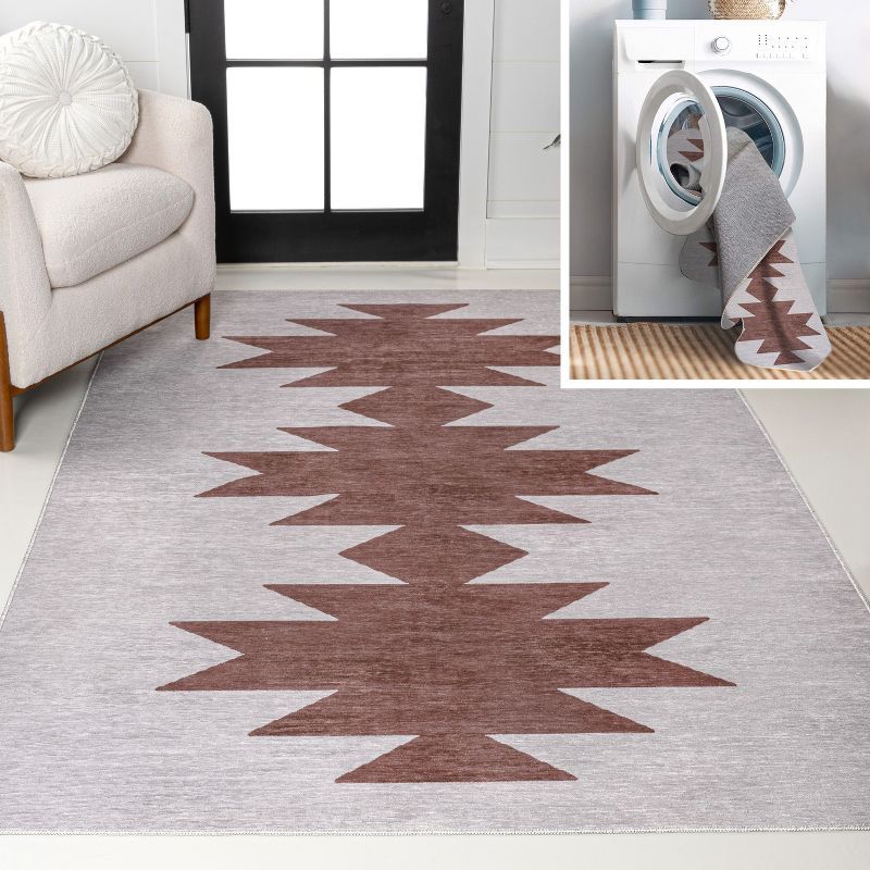 Gray and Brown Geometric Washable Synthetic 8' x 10' Area Rug