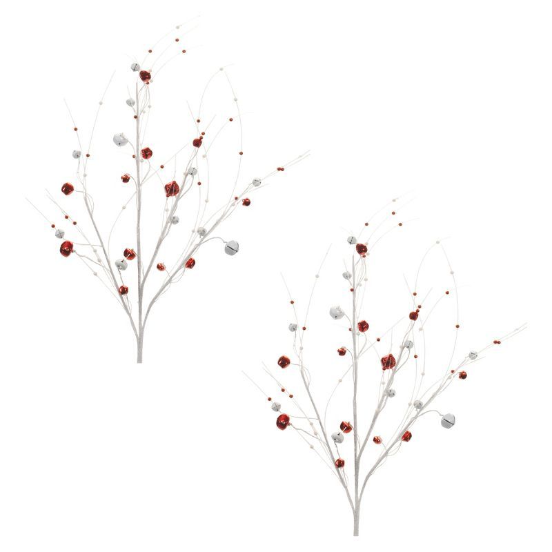 Festive Red and White Glittered Sleigh Bell Twig Spray Set