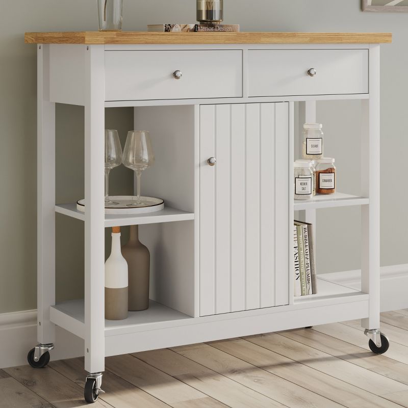 White Wood Butcher Block Kitchen Cart with Storage