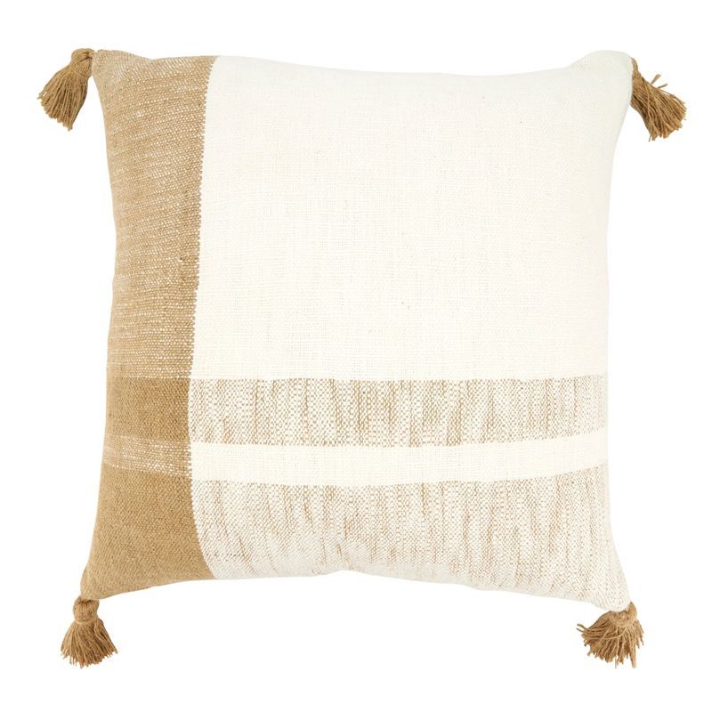 Beige and White Checkered Cotton Throw Pillow with Tassels, 20"x20"