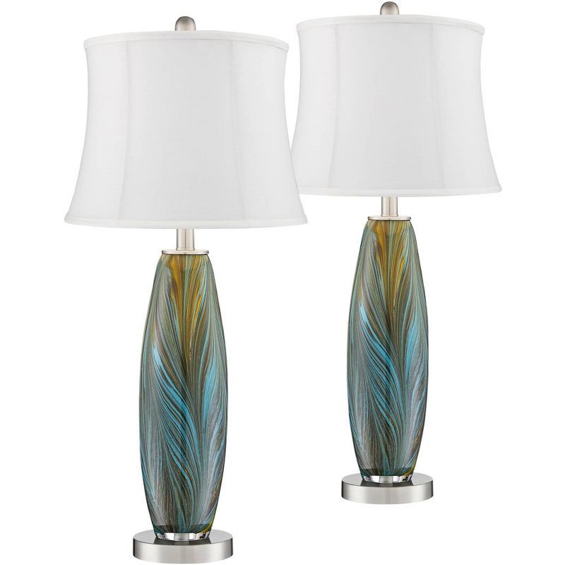 Azure Blue and Brown Art Glass Table Lamps with Brushed Nickel Base, Set of 2