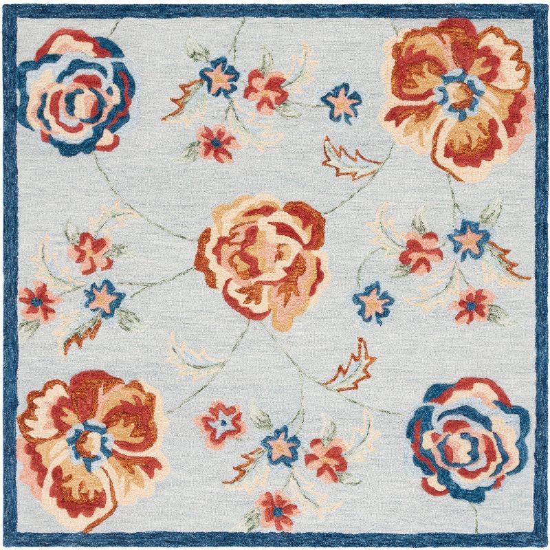 Handmade Blue Floral Wool Square Area Rug