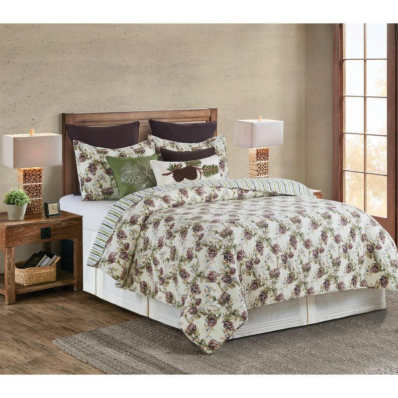 Twin-Sized Blue and Beige Reversible Cotton Quilt Set with Pine Motif