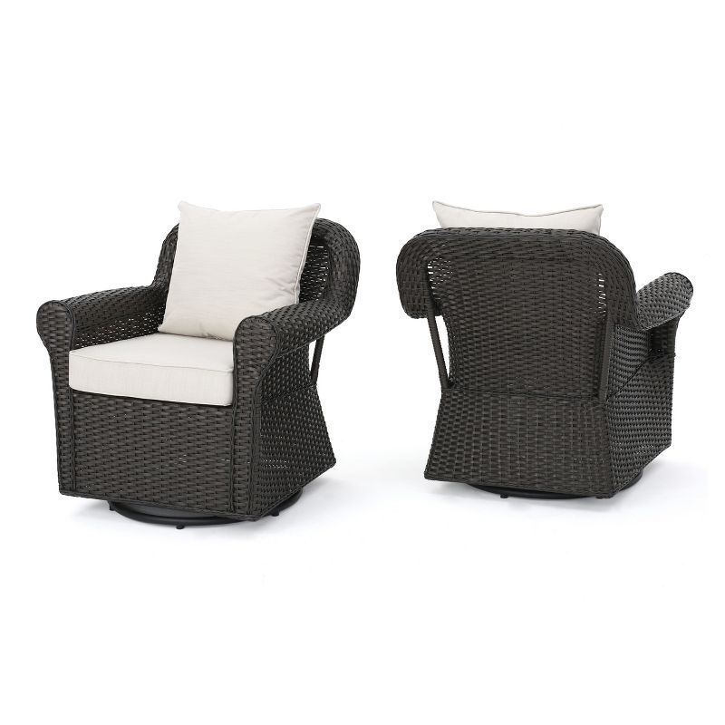 Amaya Dark Brown Wicker Swivel Rocking Chair with Beige Cushions