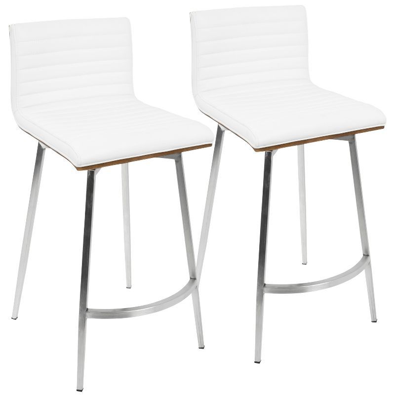 Set of 2 White Faux Leather Swivel Counter Stools with Walnut Wood and Stainless Steel