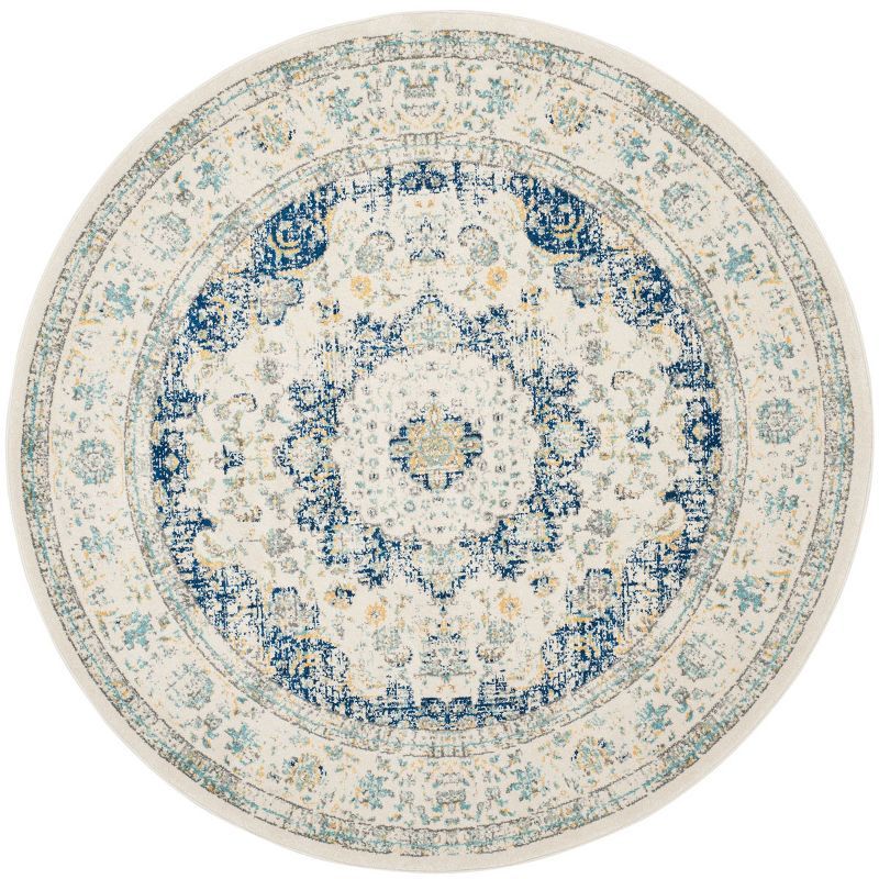 Ivory and Blue Round High Pile Synthetic Area Rug