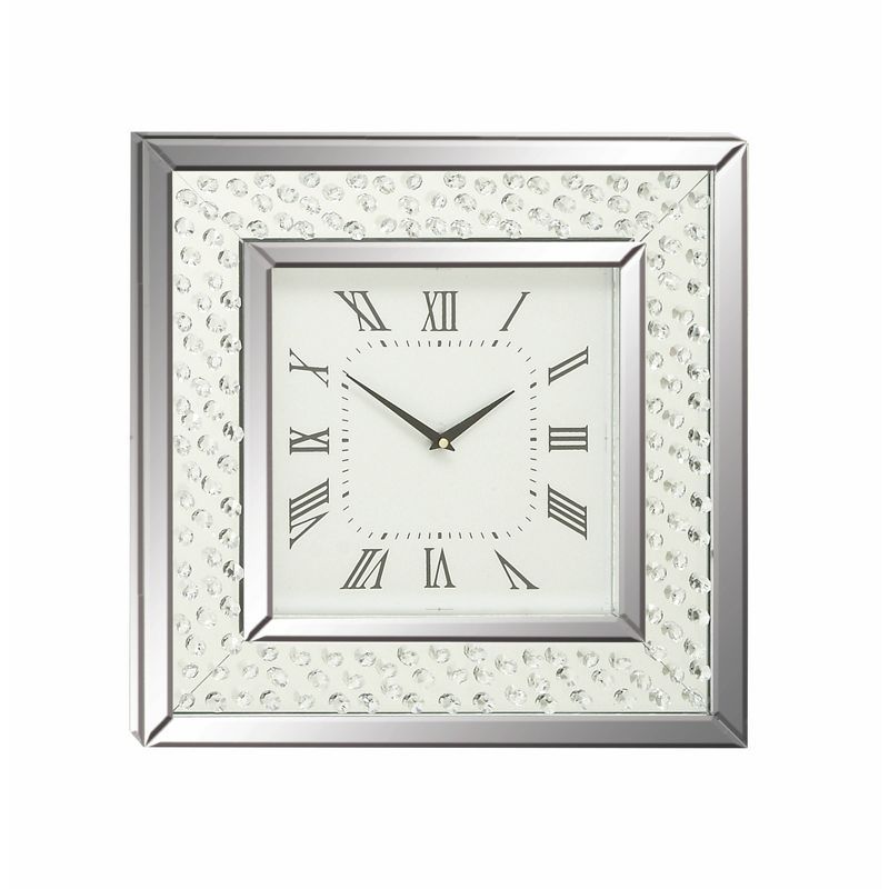 Silver Mirrored Square Wall Clock with Floating Crystals