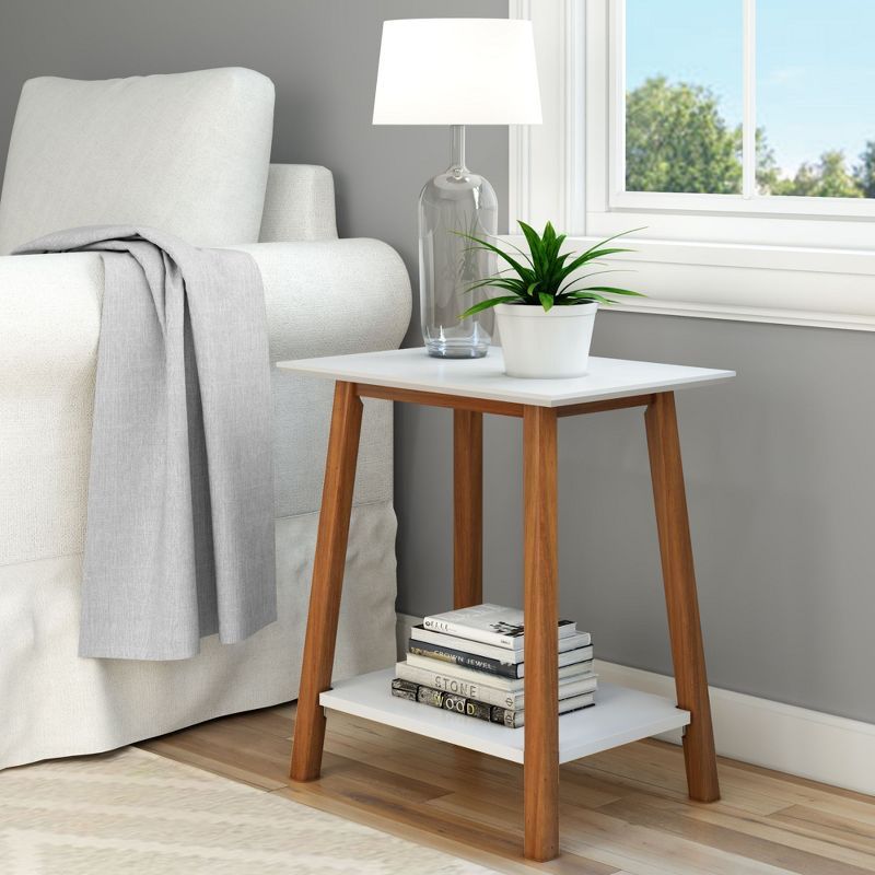 White and Pecan Solid Wood Mid-Century Modern Nightstand