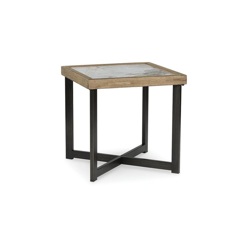 Beige and Black Square Wood and Stone End Table