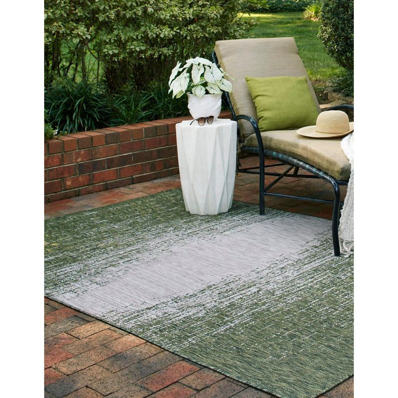 Modern Abstract 9' x 12' Gray and Green Synthetic Outdoor Rug