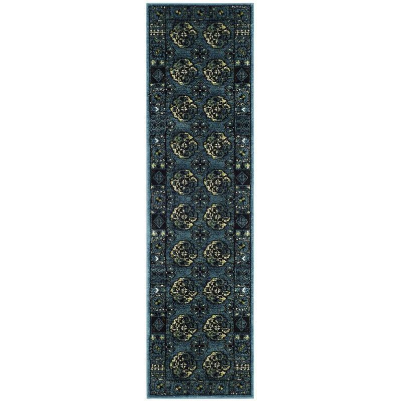 Blue Floral Motif Synthetic Runner Rug with Border Embellishment