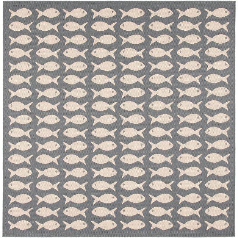 Gray and Beige Square Fish Pattern Indoor/Outdoor Rug