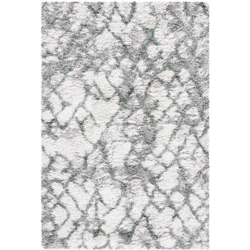 Ivory and Green Abstract Shag Rug, 5'3" x 7'7"