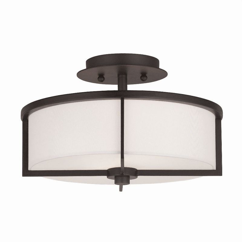 Bronze Wesley 13" Drum Semi-Flush Mount with Off-White Fabric Shade