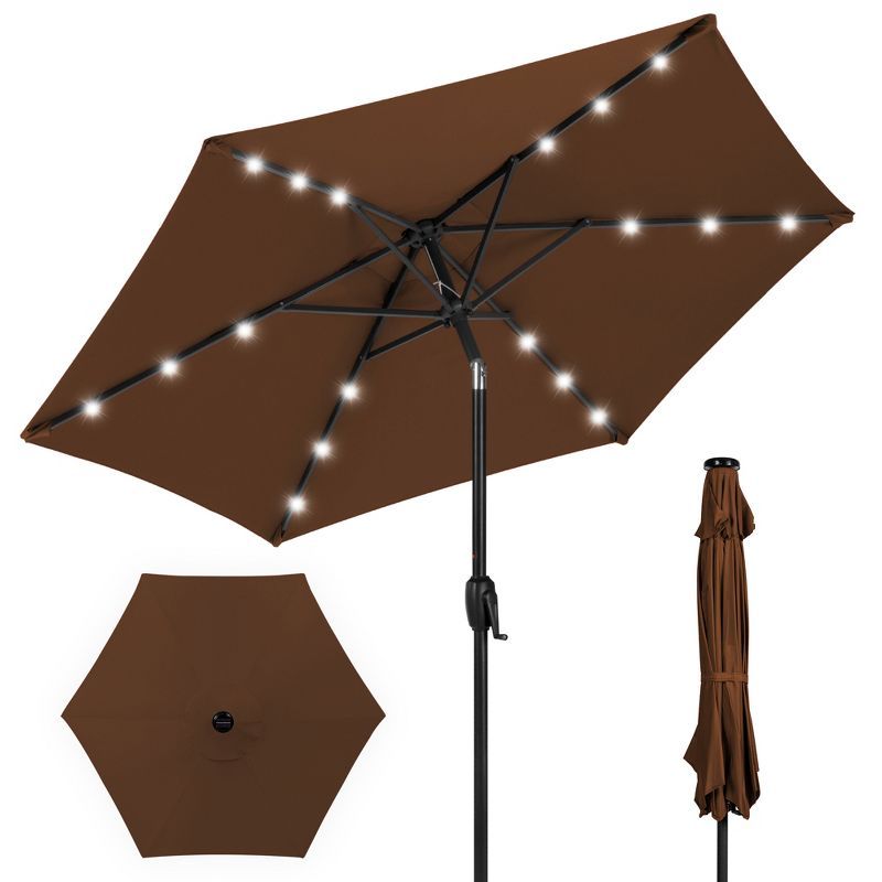 7.5ft Brown Solar LED Outdoor Patio Umbrella with Steel Pole