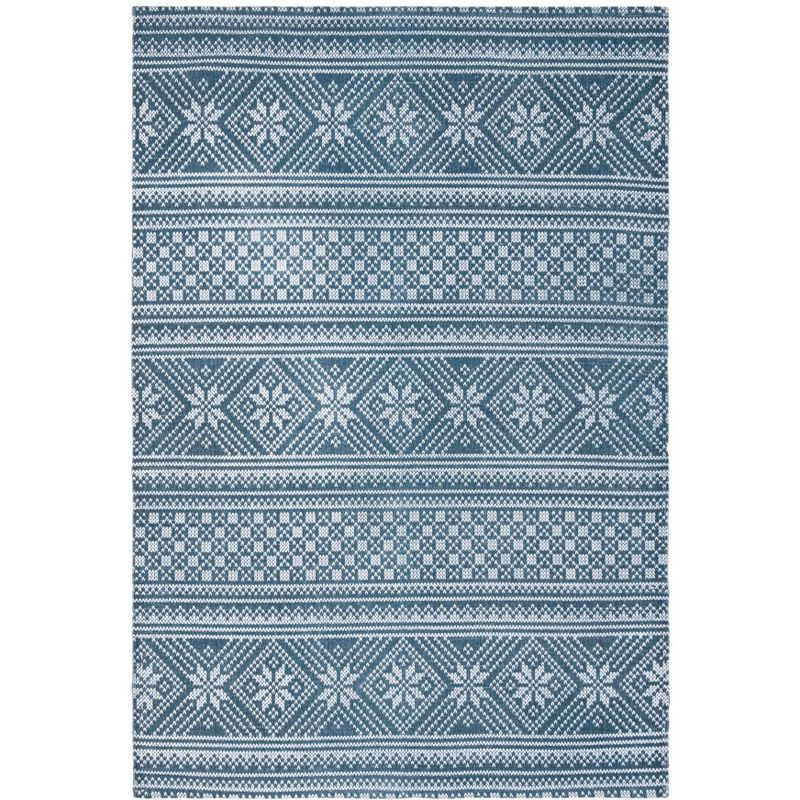 Blue and Ivory Floral Cotton Flat Woven Area Rug