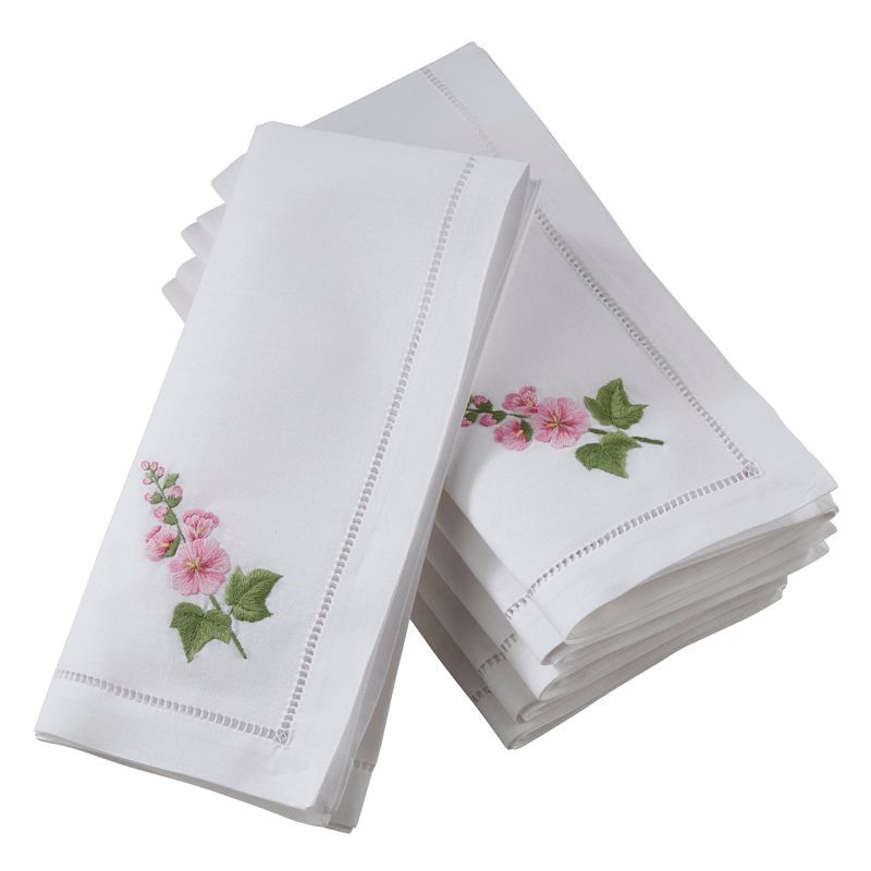 White Cotton Embroidered Hollyhock Hemstitch Napkins, Set of 6