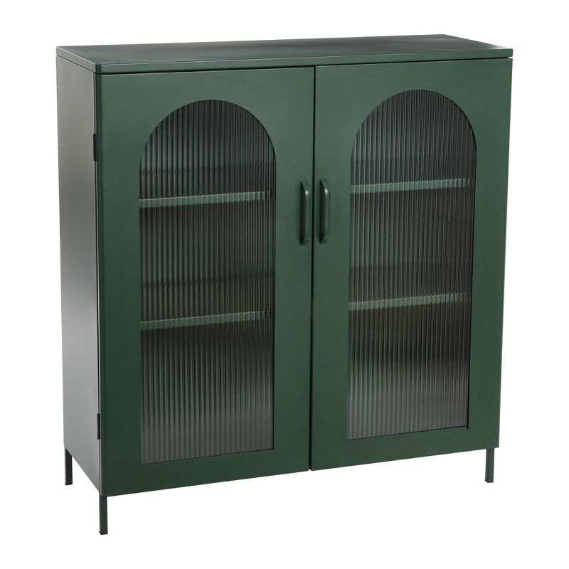 Dark Green Metal Cabinet with Adjustable Shelves and Arched Glass Doors