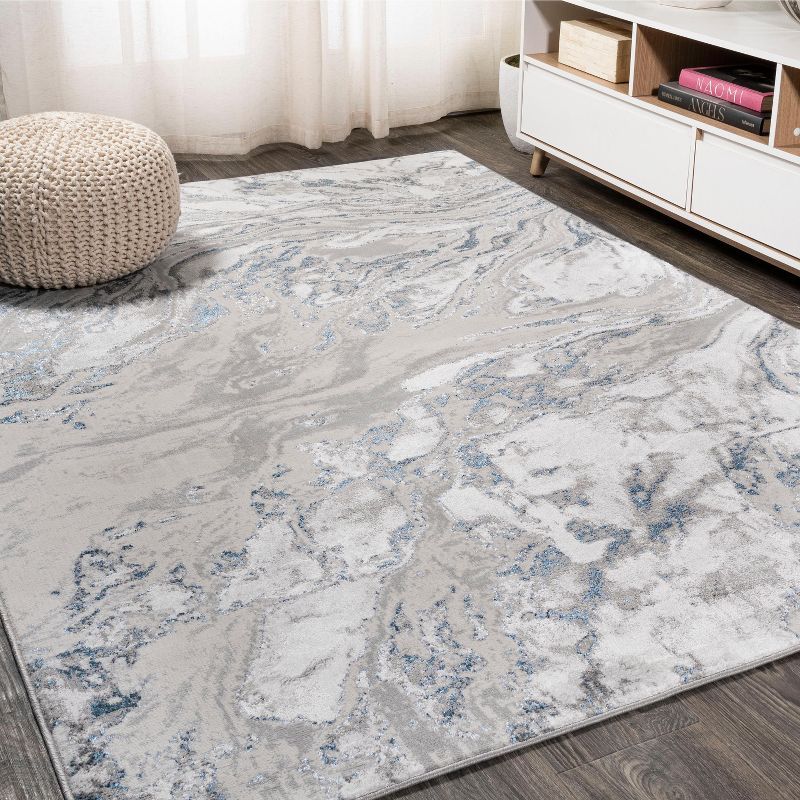 Gray and Blue Marbled Abstract Synthetic Area Rug