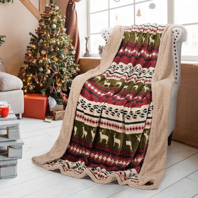 Reversible Reindeer Sherpa Fleece Twin Blanket, 60" x 80"