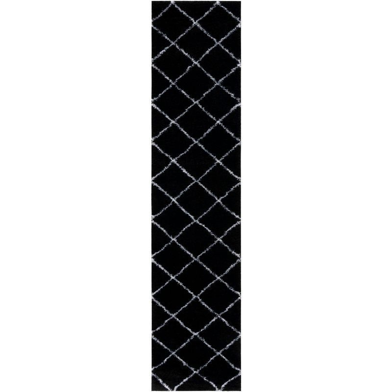 Black and White Geometric Shag Runner Rug, 2' x 9'