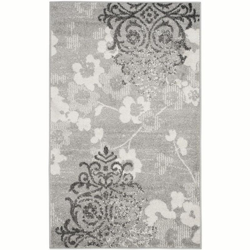 Silver and Ivory Floral Reversible 4' x 6' Synthetic Rug