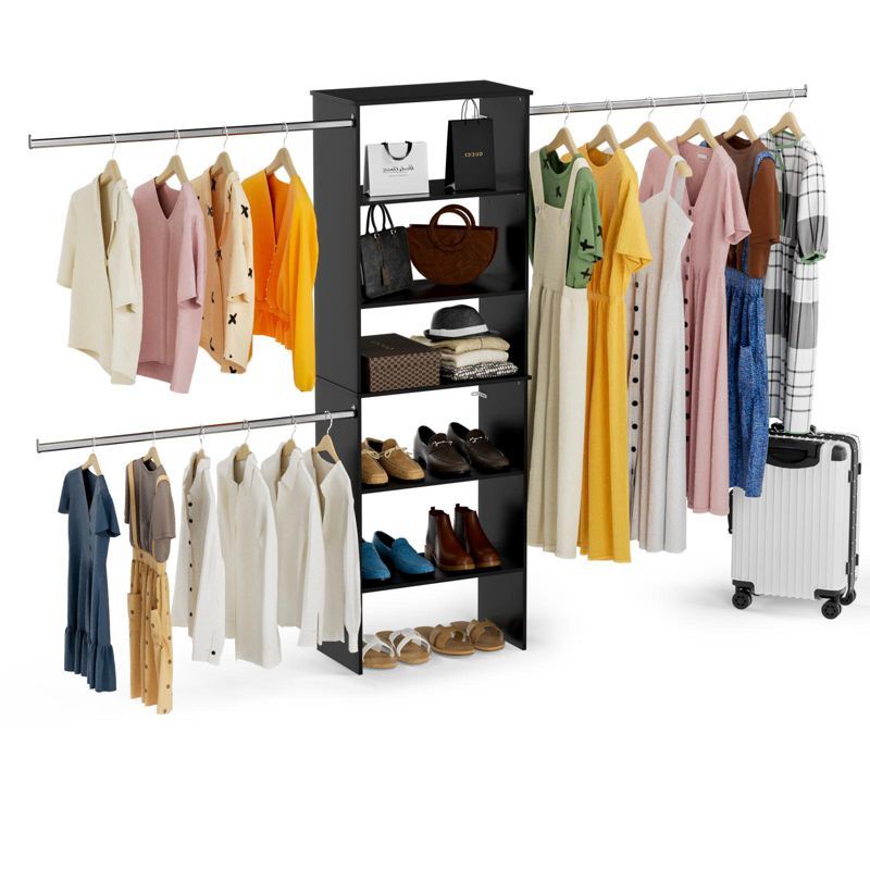 Black MDF and Metal Closet Organizer Tower with 5 Shelves and 3 Hang Rods