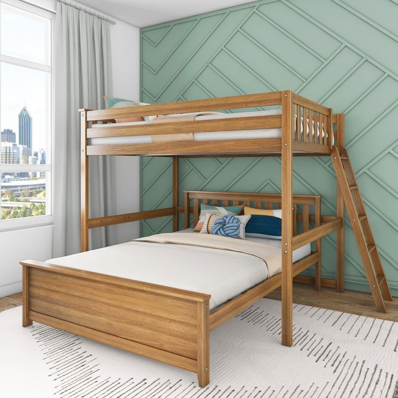 Pecan Pine Full Over Queen L-Shaped Bunk Bed with Ladder